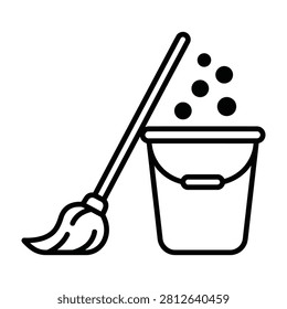 Black and white line icon featuring a mop leaning against a water bucket with bubbles. Perfect for professional cleaning services, janitorial supplies or housework.