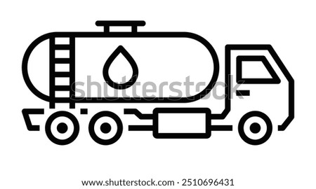 Black and white line icon of a fuel tanker truck, representing transportation, fuel delivery, and logistics. Vector illustration. Editable stroke.
