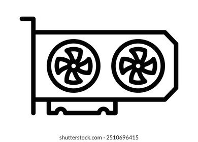 Black and white line icon of a graphics card with dual fans, representing computer hardware, gaming, and technology. Vector illustration. Editable stroke