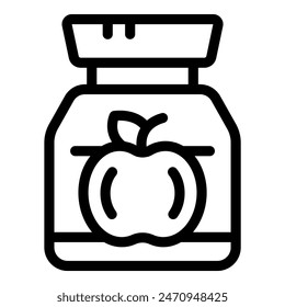 Black and white line icon of a jar with an apple label, representing apple jam or preserves