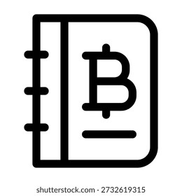 Um ícone de linha em preto e branco de um caderno ou livro-razão com um símbolo Bitcoin impresso na página. O design inclui grampos na vinculação esquerda e linhas representando texto. Esta ilustração simboliza a manutenção de registros financeiros, contabilidade ou a tecnologia de contabilidade distribuída da blockchain. É ideal para fintech, software de contabilidade e materiais educacionais em relação ao rastreamento de criptografia.