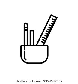 black white line icon pencil cup vector graphic design, office supplies, school tools, teacher's day. white background.