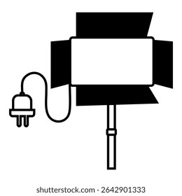 Ícone de linha preto e branco de uma luz de estúdio LED retangular com portas de celeiro e plugue elétrico, ideal para fotografia ou produção de filme.