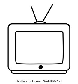 Ícone de linha preto e branco de uma televisão retrô com antena, apresentando uma tela arredondada e estilo de quadro clássico, isolado no fundo branco.