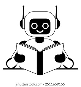 Ícone de linha preta e branca de robô lendo um livro isolado no fundo transparente. Inovação e conceito científico. Machine Learning and Artificial Intelligence Concept (Aprendizado de máquina e conceito de inteligência artificial). Chatbot. Ilustração vetorial