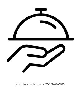 Black and white line icon of a serving dish on a hand, representing food service, hospitality, and restaurant concepts. Vector illustration. Editable stroke.