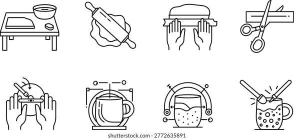 Black and White Line Icon Set Showing Pottery Making Process Steps From Rolling Dough To Crafting Ceramic Mugs and Tools