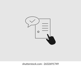 A black and white line icon showing a document with a pointing finger