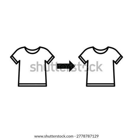 Black and white line icon showing a t shirt evolving into another with an arrow, representing clothing alteration, fashion transformation, garment design or sizing.