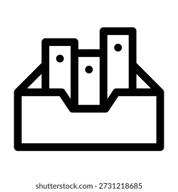 Ícone de linha preto e branco de uma caixa quadrada de armazenamento contendo três compartimentos verticais, representando organização, armazenamento, arquivos e gerenciamento de inventário estruturado.