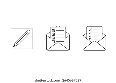 Ícones de linha em preto e branco que representam um lápis, uma lista de verificação em um envelope e uma lista de verificação concluída em um envelope.