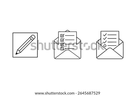Black and white line icons depicting a pencil, a checklist in an envelope, and a completed checklist in an envelope.