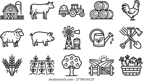 Black and white line icons featuring farm structures livestock agricultural machinery hay bales tools and plants. Professional vector graphics for farming business concepts and agrarian lifestyle design.