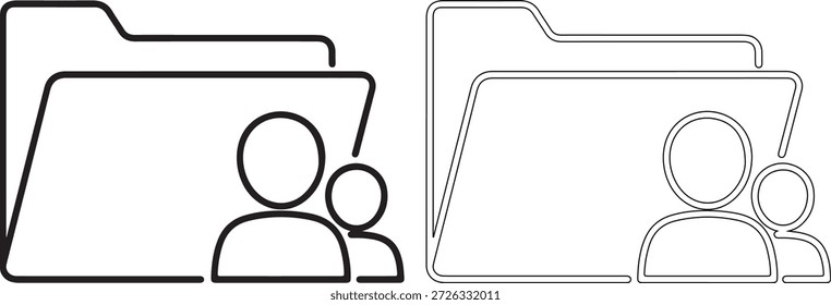 Iconos de línea en blanco y negro de carpetas de archivos con personas en ellos, en estilos sólidos y delineados, sobre un fondo blanco