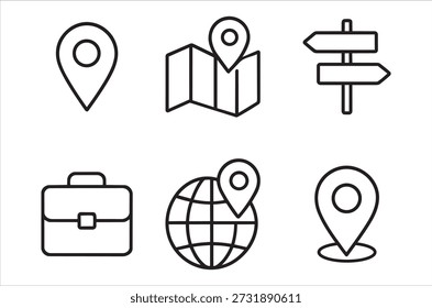 Black and white line icons representing travel, maps, locations, and global destinations.