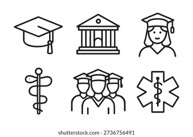 Black and white line icons representing education, medical fields, and academic success.