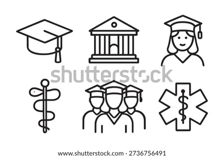 Black and white line icons representing education, medical fields, and academic success.