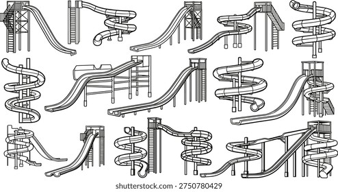 Black and white line icons of various water park slides and playground equipment for cad drawing flat vector illustration design