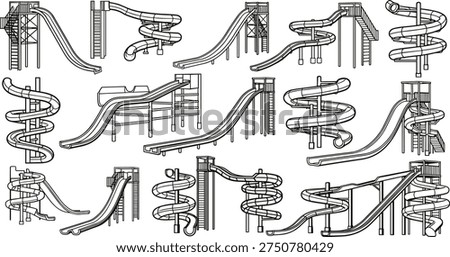 Black and white line icons of various water park slides and playground equipment for cad drawing flat vector illustration design
