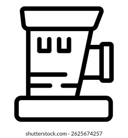 Black and white line illustration of a classic movie camera icon, isolated on a white background