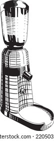 Black and white line illustration of a coffee grinder.