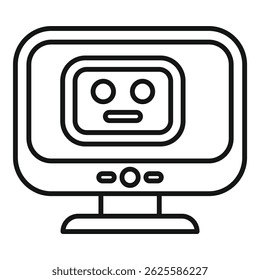 Black and white line illustration of a computer monitor with a cartoon face expression