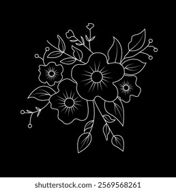 Black and white line illustration of  flowers on a black background. Flower  isolated on black