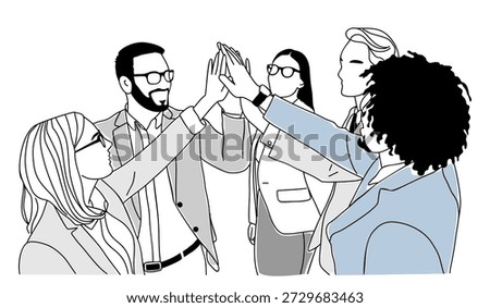 Black and white line illustration of four business professionals high-fiving, modern, clean, and professional style.