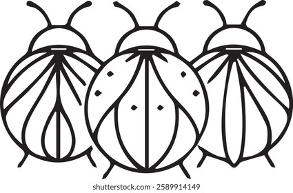 Black and white line illustration of a ladybug with a dot pattern on its wings, drawn in a simple, symmetrical style.