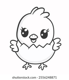 Black and white line Illustration of a little baby chicken bird cartoon character breaking out of a Easter egg. Cute chick coloring page for coloring book