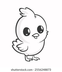 Black and white line Illustration of a little baby chicken bird cartoon character. Yellow cute chick colroing page