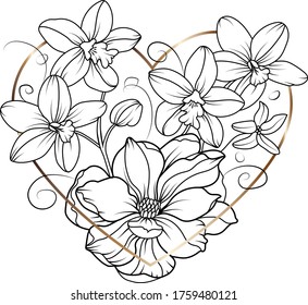 
black and white line illustration of orchid in the heart