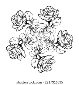Black and white line illustration of rose flower on a white background