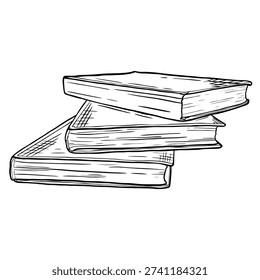 Black and white line illustration of a stack of three books arranged in a staggered formation on a plain white background.