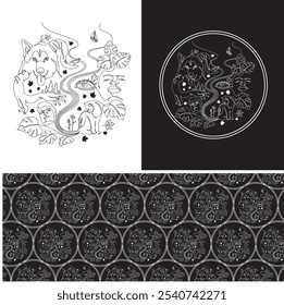 black and white line illustration with the theme of life with pictures of people, animals and plants in the concept of circular of life. can be used as a wallpaper pattern