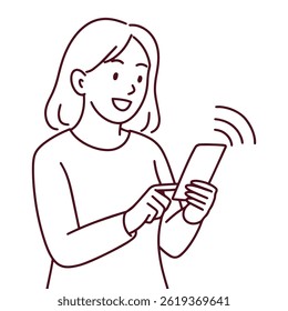 Black and white line illustration of woman smiling and using mobile phone. Outline of modern technology use by female character