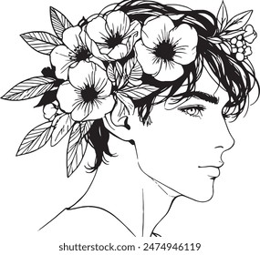 Ilustración de línea blanca y negra, joven con pelo oscuro adornado con una corona de flores, expresión reflexiva en la cara