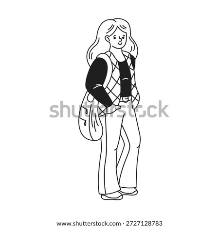 Black and white line illustration of a young woman standing with a casual pose. She wears a patterned vest and carries a bag, exuding a relaxed vibe.