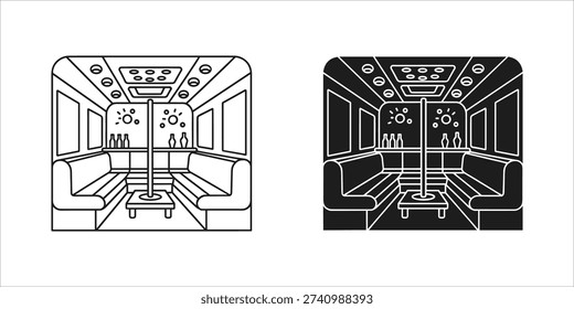 Black and white line interior of a subway train car with five bottles