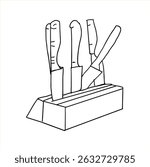 black and white line. knife stuck in wood. Cartoon Style Illustration