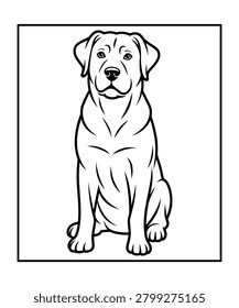 Black and white line of a Labrador Retriever dog sitting attentively canine animal coloring book page in white background
