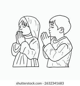 black and white line. little boy and girl praying. Cartoon Style Illustration