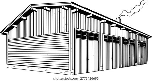 A black and white line of a long, multi-bay garage building with wooden siding and multiple doors. Smoke billows from the chimney.