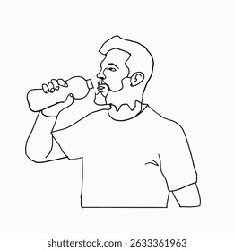 schwarz-weiße Linie. Mann, der Mineralwasser trinkt. Illustration im Cartoonstil
