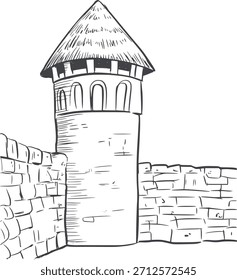 Black and white line of a medieval watchtower with stone walls