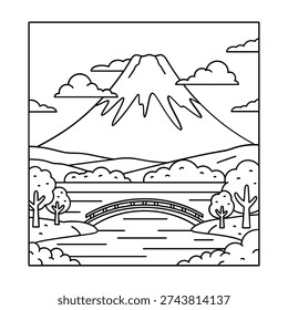 Black and white line of a mountain landscape with bridge over river