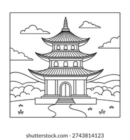 Black and white line of multi- tiered pagoda in landscape architecture