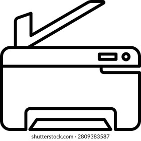 Black and white line of an office printer with a document feeder tray on a white background
