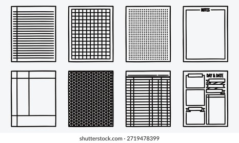Muster und Formen für schwarz-weiße Linien für Grafikdesign und Notizen