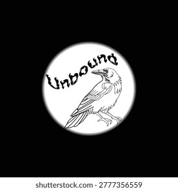 Black and white line of a raven with the word unbound crow bird line gothic